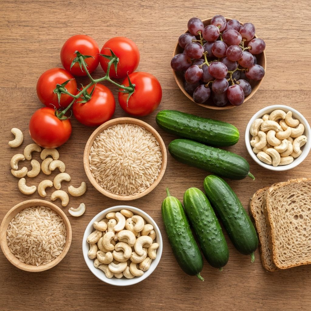 Variety of everyday food items including vegetables, fruits, and grains