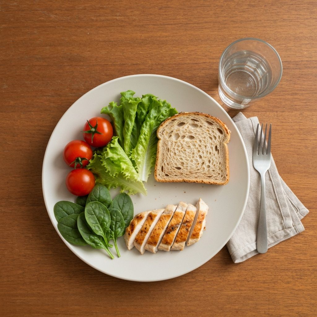 Simple balanced daily meal with vegetables, bread, and water