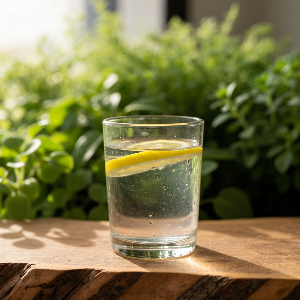 Glass of water with lemon slice in natural daylight