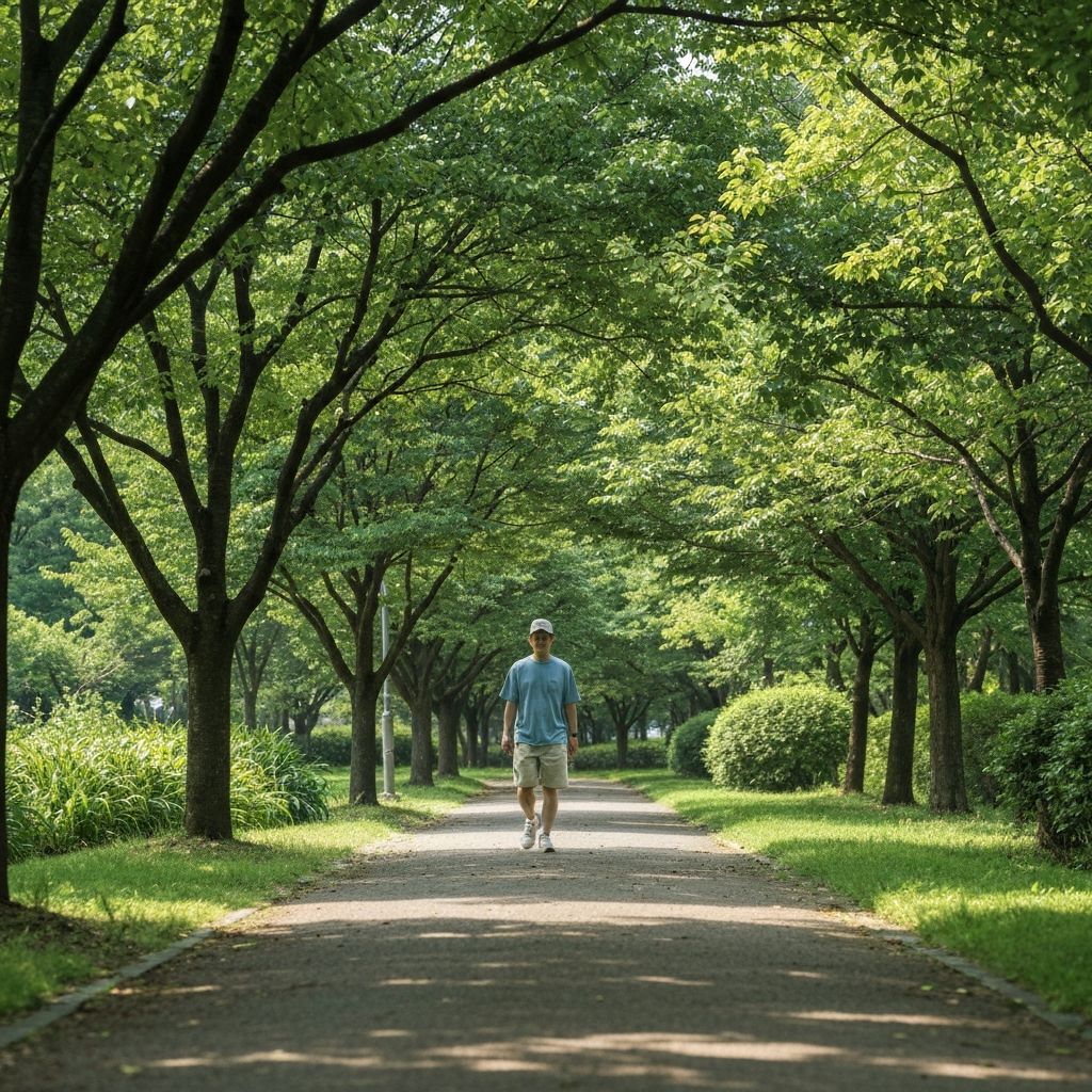 Person walking leisurely in a park during daytime